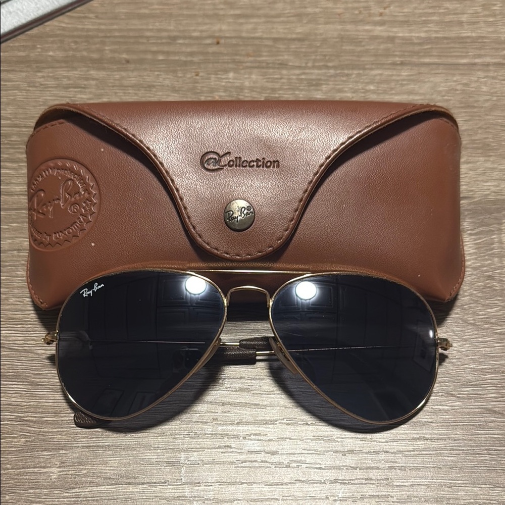 Ray-Ban Gold Aviators with Blue Lenses and Brown Case